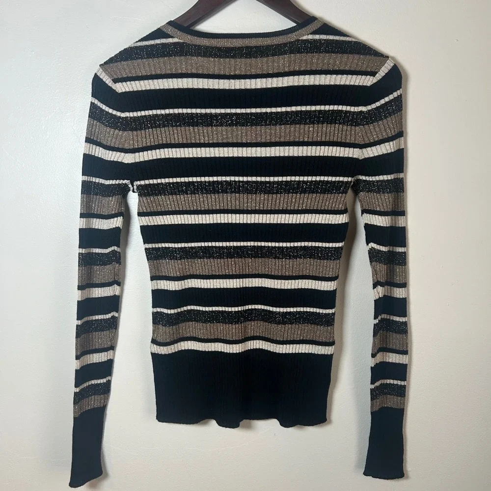 FRAME‎ Striped Ribbed Knit Sweater Gold Metallic Black White Tan Women's S/P